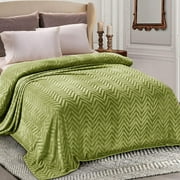 Whale Flotilla Flannel Fleece Twin Size(90x66 Inch) Lightweight Bed Blanket, Soft Velvet Bedspread Plush Fluffy Coverlet Chevron Design Decorative Blanket for All Seasons, Olive Green