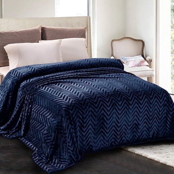 Whale Flotilla Flannel Fleece Twin-XL Size 90x66 Inch Bed Blanket, Soft Velvet Lightweight Bedspread Plush Fluffy Coverlet Chevron Design Decorative Blanket for All Season, Navy Blue