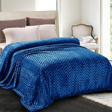 Whale Flotilla Flannel Fleece Twin Size Bed Blanket, Soft Velvet Lightweight Bedspread Plush Fluffy Coverlet Chevron Design Decorative Blanket for All Season, 60x80 Inch, Royal Blue