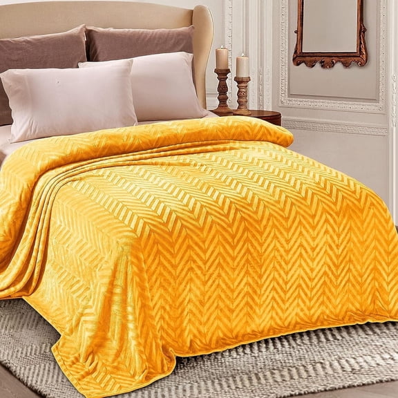 Whale Flotilla Flannel Fleece Twin-XL Size 90x66 Inch Bed Blanket, Soft Velvet Lightweight Bedspread Plush Fluffy Coverlet Chevron Design Decorative Blanket for All Season, Lemon Yellow
