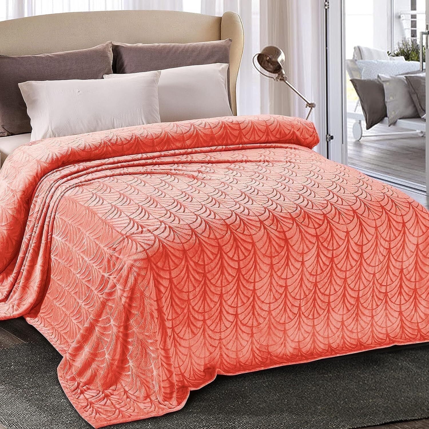 Whale Flotilla Flannel Fleece 90x66 Inch Twin-XL Size Blanket for Bed, Soft Fluffy Velvet Bedspread Coverlet with Decorative Vintage Pattern for All Season, Warm and Lightweight, Coral