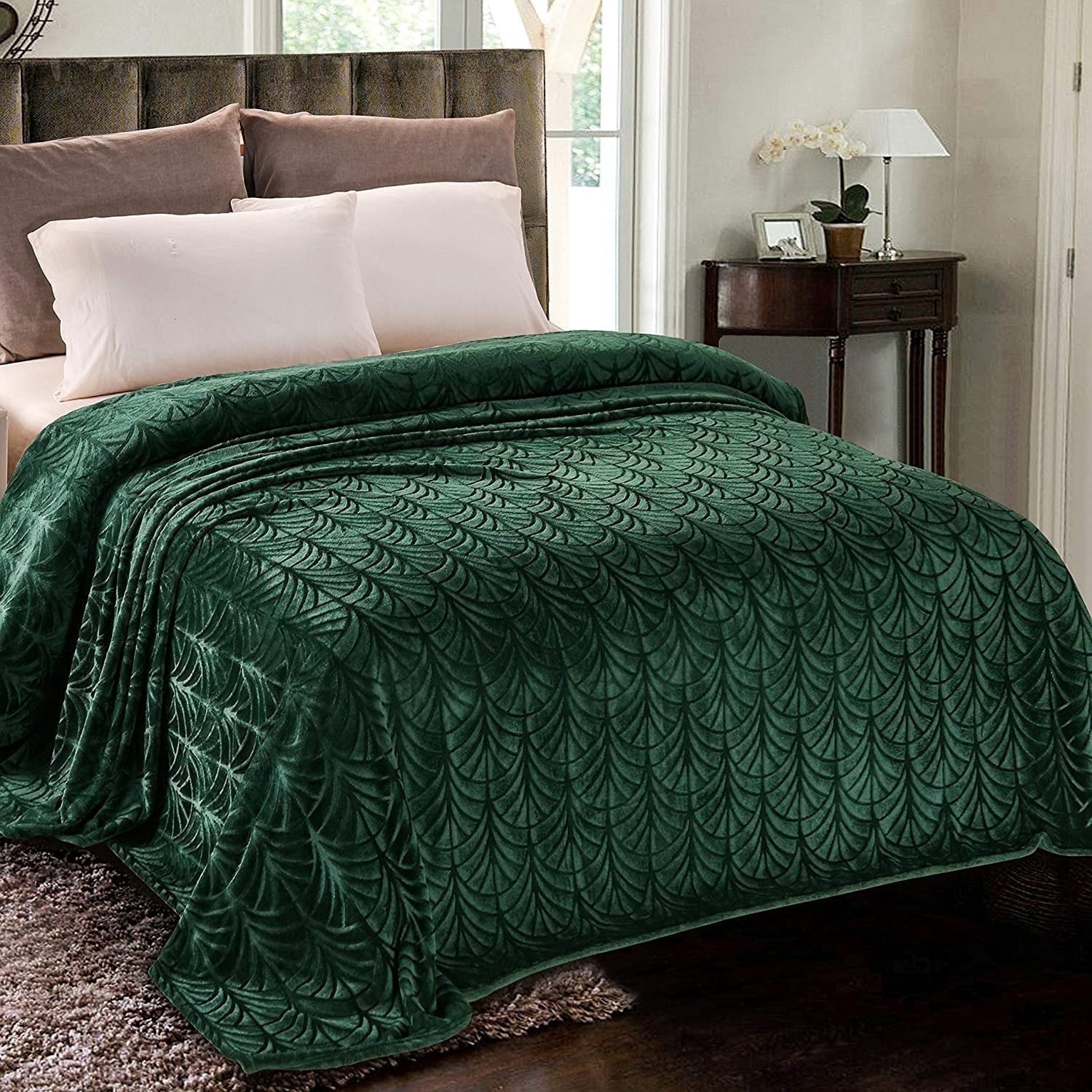 Whale Flotilla Flannel Fleece 90x66 Inch Twin-XL Size Blanket for Bed, Soft Fluffy Velvet Bedspread Coverlet with Decorative Vintage Pattern for All Season, Warm and Lightweight, Deep Green
