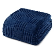Whale Flotilla Fluffy Fleece 90x 90 Queen Size Blanket for Bed, Fuzzy Soft Cozy Exquisite Blankets with Decorative Jacquard Pattern for All Season, Warm but Lightweight, Navy Blue
