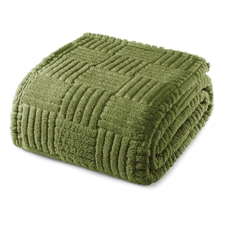 Whale Flotilla Fluffy Fleece 60"x 80" Twin Size Blanket for Bed, Fuzzy Soft Cozy Exquisite Blankets with Decorative Jacquard Pattern for All Season, Warm but Lightweight, Olive