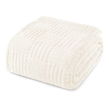 Whale Flotilla Fluffy Fleece 60"x 80" Twin Size Blanket for Bed, Fuzzy Soft Cozy Exquisite Blankets with Decorative Jacquard Pattern for All Season, Warm but Lightweight, White