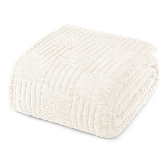 Whale Flotilla Fluffy Fleece 60"x 80" Twin Size Blanket for Bed, Fuzzy Soft Cozy Exquisite Blankets with Decorative Jacquard Pattern for All Season, Warm but Lightweight, White