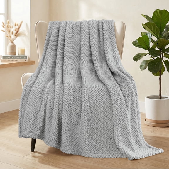 Whale Flotilla Fuzzy Fleece 50"x70" Throw Blanket for Couch, Fluffy Warm Soft Jacquard Blankets for All Seasons, Lightweight and Cozy, Light Grey