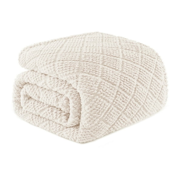 Whale Flotilla Fuzzy Fleece Queen Size Blanket for Bed, Soft Fluffy Jacquard Waffle Blankets for All Season, Lightweight and Warm, 90x90 Inch, Ivory