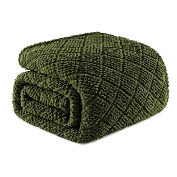 Whale Flotilla Fuzzy Fleece Queen Size Blanket for Bed, Soft Fluffy Jacquard Waffle Blankets for All Season, Lightweight and Warm, 90x90 Inch, Olive