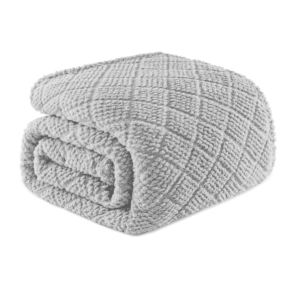 Whale Flotilla Fuzzy Fleece Twin Size Blanket for Bed, Soft Fluffy Jacquard Waffle Blankets for All Season, Lightweight and Warm, 60x80 Inch, Light Grey