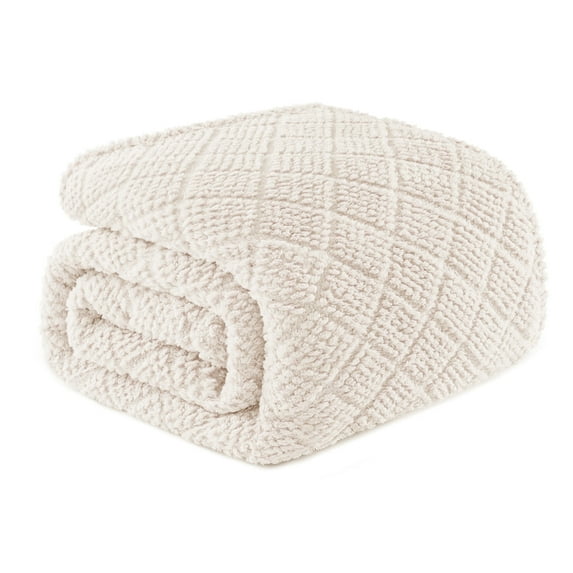 Whale Flotilla Fuzzy Fleece Twin Size Blanket for Bed, Soft Fluffy Jacquard Waffle Blankets for All Season, Lightweight and Warm, 60x80 Inch, Ivory