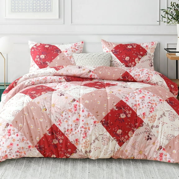 Whale Flotilla 3-Piece King Comforter Set, Soft Reversible Bedding Comforter Sets, Patchwork Printed Down Alternative Comforter Duvet for All Seasons, Red