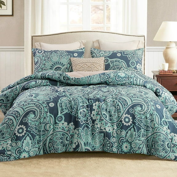 Whale Flotilla 3-Piece King Comforter Set, Soft Reversible Bedding Comforter Sets, Paisley Printed Down Alternative Comforter Duvet for All Seasons, Turquoise