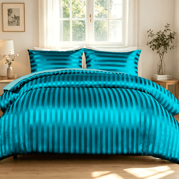 Whale Flotilla Luxury 3-Piece Queen Satin Stripe Reversible Soft Comforter Set, Turquoise