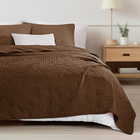 Whale Flotilla Microfiber King Size 96"x 104" Quilt Set Lightweight Quilted Bedspreads Coverlets Set with Stars Pattern, Brown