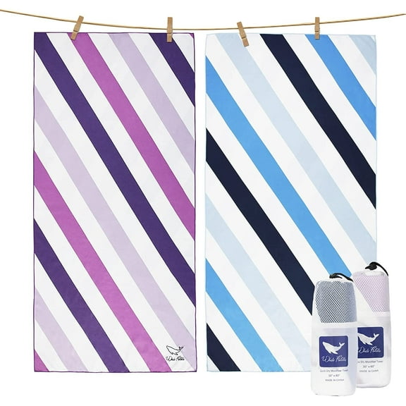 Whale Flotilla Microfiber Large Beach Towel, 2 Pack Quick Dry Beach Towel Sand Free Cooling Travel Camp Pool Towel Set, Super Absorbent and Portable, Blue and Purple 30x60 Inch