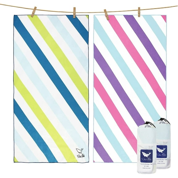 Whale Flotilla Microfiber Oversized Beach Towel, 2 Pack Quick Dry Beach Towel Sand Free Cooling Travel Camp Pool Towel Set, Super Absorbent and Portable, Green and Pink 35x70 Inch