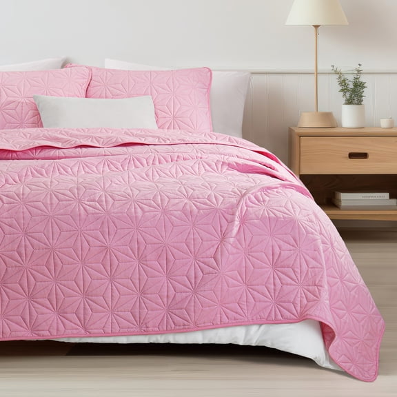 Whale Flotilla Microfiber Queen Size 90"x 96" Quilt Set Lightweight Quilted Bedspreads Coverlets Set with Stars Pattern, Pink