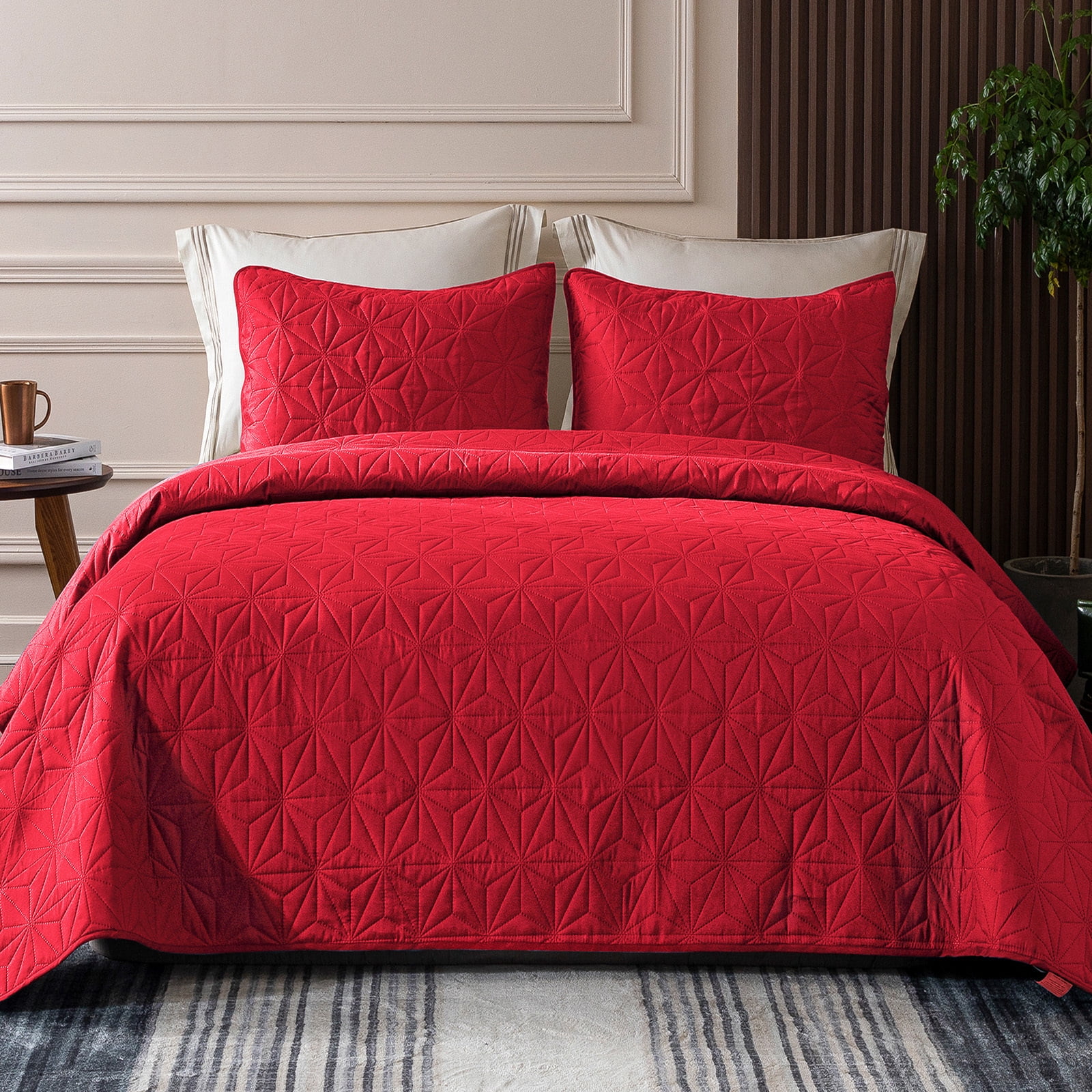 Whale Flotilla 3 Piece Microfiber Quilt Set in Red Queen, Lightweight