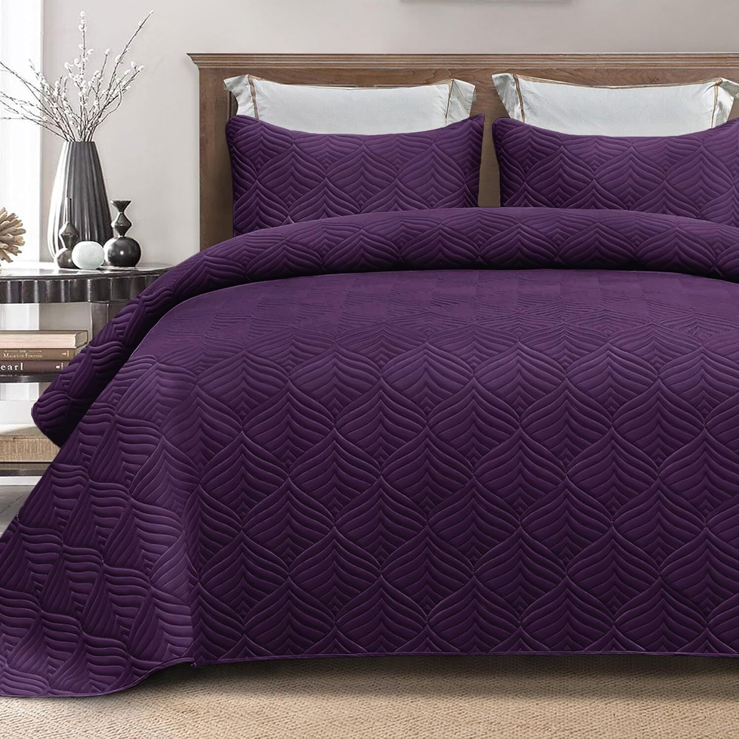 Whale Flotilla Queen Size Quilt Set, Ultrasonic Dark Purple Pattern, 3