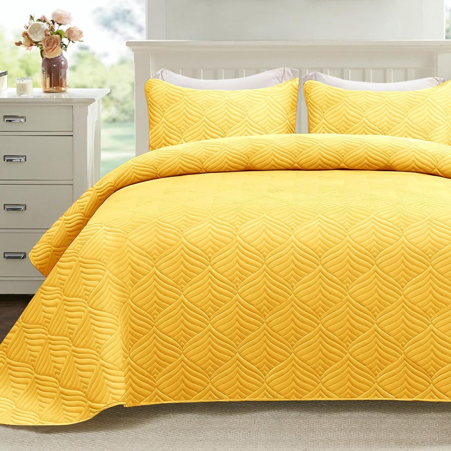Yellow Reversible Microfiber Queen Quilt Set with Embossed Pattern