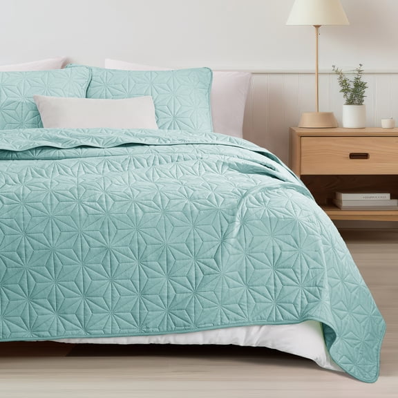 Whale Flotilla Microfiber Twin Size 68"x 88" Quilt Set Lightweight Quilted Bedspreads Coverlets Set with Stars Pattern, Spa Blue