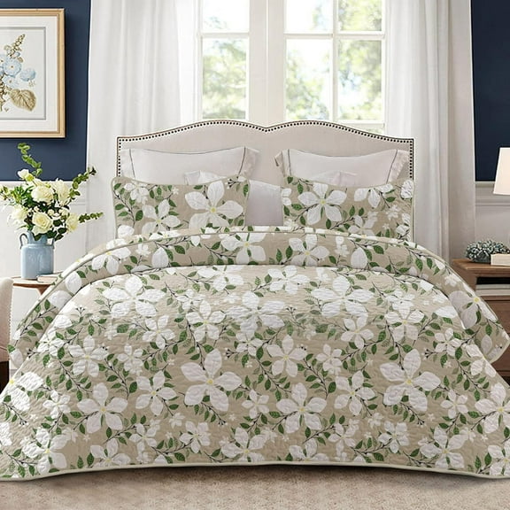 Whale Flotilla Reversible Floral Quilt Set Queen Size, Lightweight Boho Printed Bedspreads Coverlets Quilts Bedding Set with 2 Pillow Shams for All Seasons, White/Bone