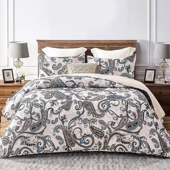 Whale Flotilla Reversible Paisley Quilt Set King Size, Lightweight Boho Printed Bedspreads Coverlets Quilts Bedding Set with 2 Pillow Shams for All Seasons, Bone/Grey