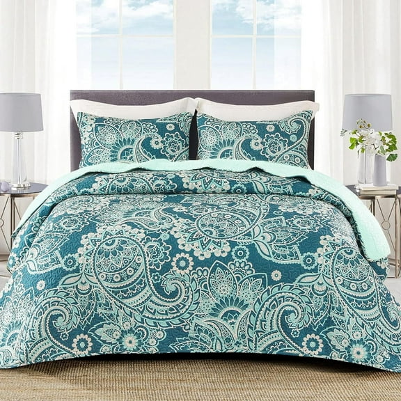 Whale Flotilla Reversible Paisley Quilt Set King Size, Lightweight Boho Printed Bedspreads Coverlets Quilts Bedding Set with 2 Pillow Shams for All Seasons, Turquoise