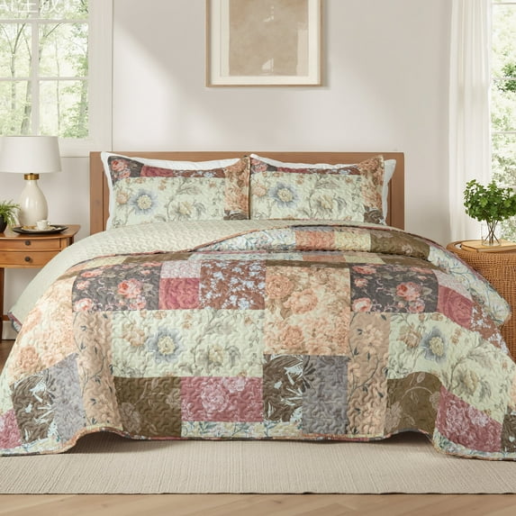 Whale Flotilla Reversible Patchwork Quilts King Size, Lightweight Boho Printed Bedspreads Coverlets Oversized Quilt Bedding Set with 2 Pillow Shams for All Seasons, Vintage Red Flowers