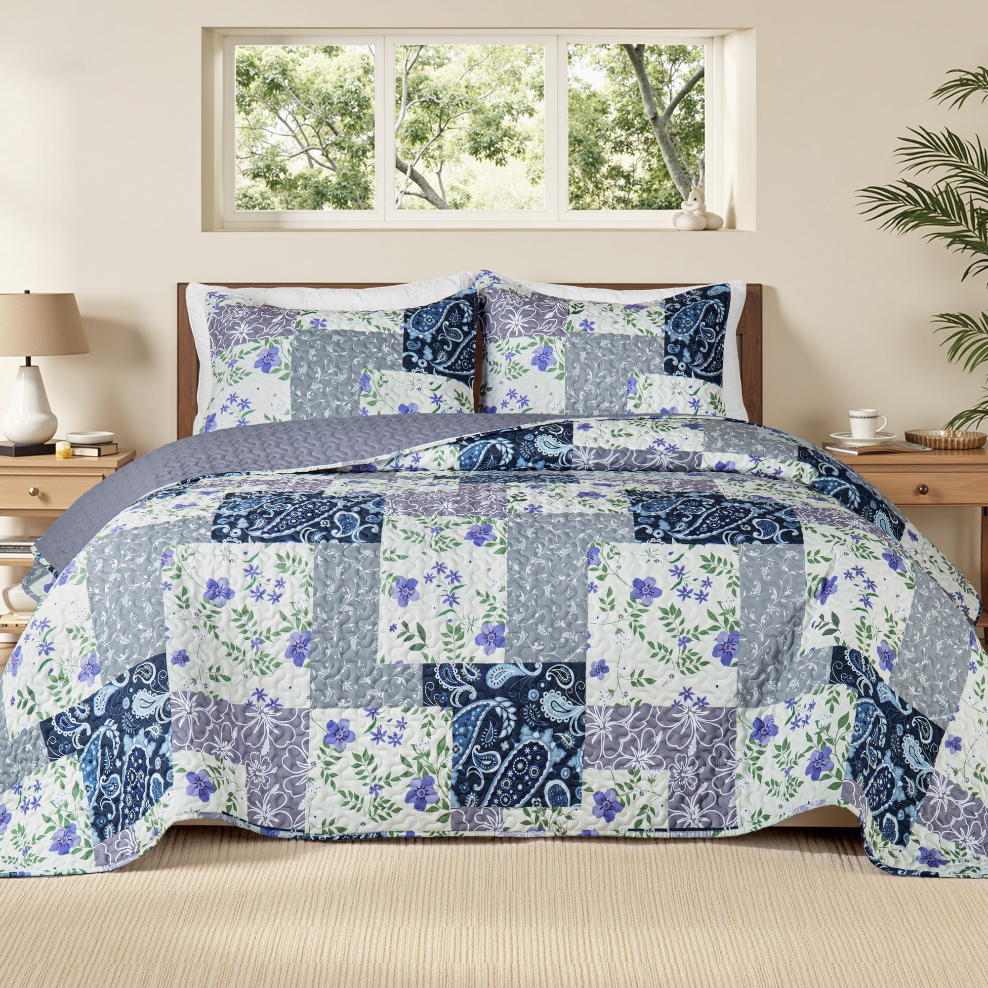 Whale Flotilla Reversible Patchwork Quilts King Size, Lightweight Boho