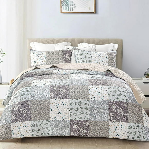 Whale Flotilla Reversible Patchwork Quilt Set King Size, Lightweight Boho Printed Bedspreads Coverlets Quilts Bedding Set with 2 Pillow Shams for All Seasons, Light Grey