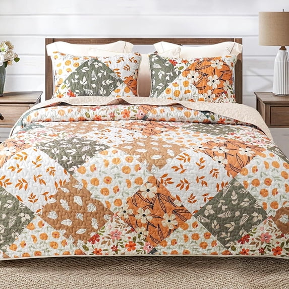Whale Flotilla Reversible Patchwork Quilt Set King Size, Lightweight Boho Printed Bedspreads Coverlets Quilts Bedding Set with 2 Pillow Shams for All Seasons, Orange