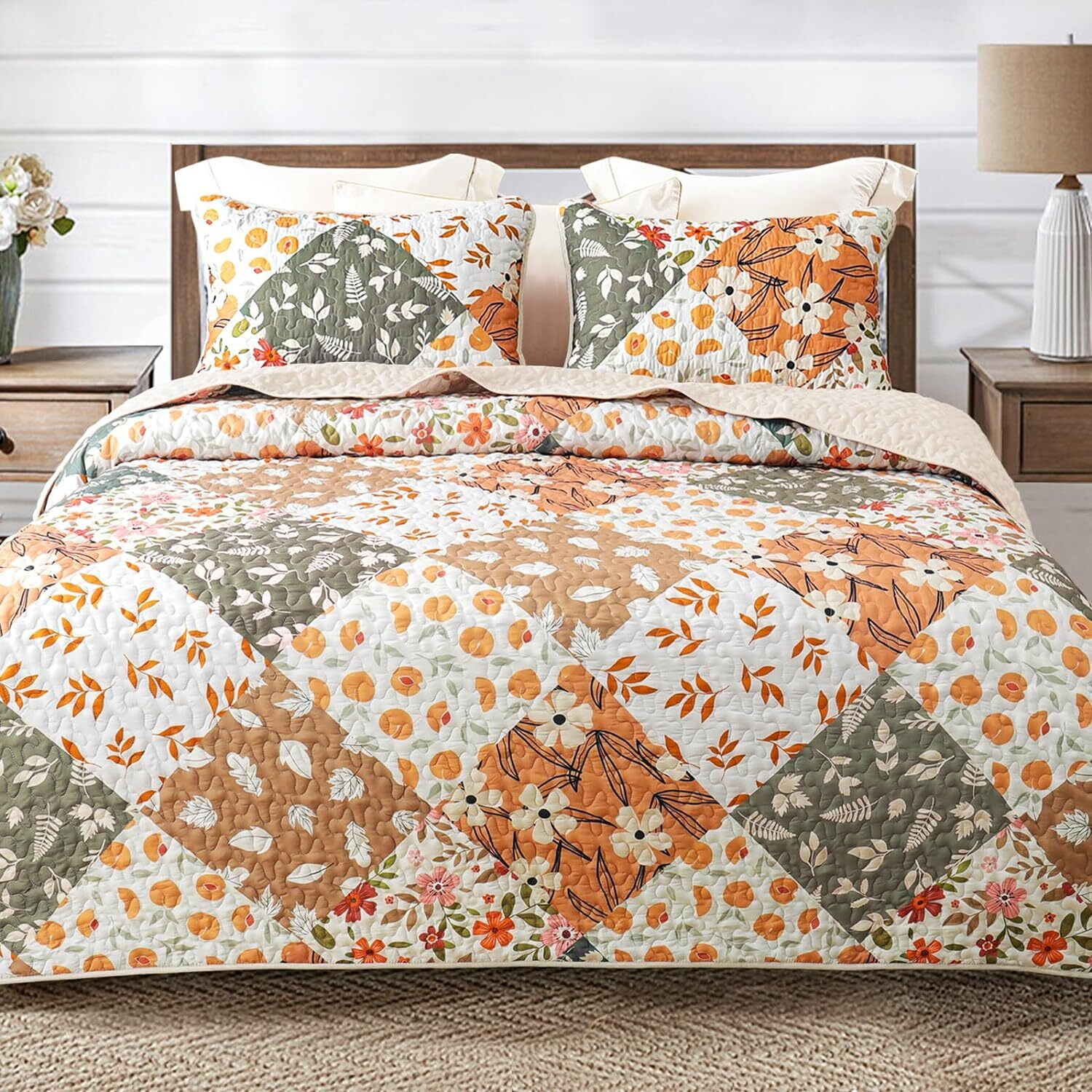 DDUOXIN 100% Cotton Queen Quilt Set - Reversible Lightweight Bedspread, 3 Piece With 2 Pillow Shams, White/Mustard Yellow