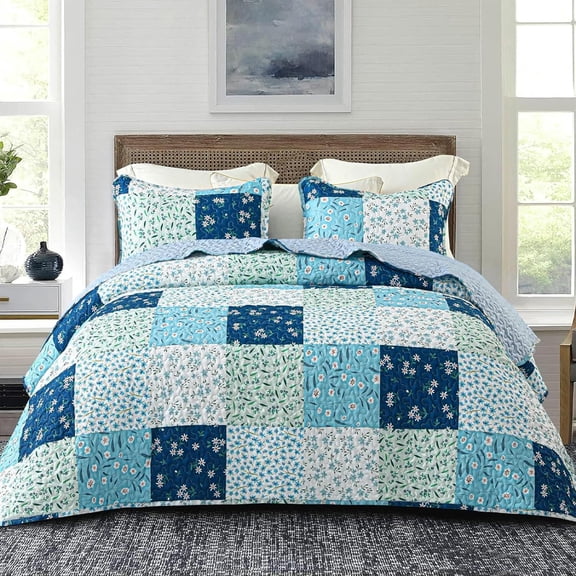 Whale Flotilla Reversible Patchwork Quilts Twin Size, Lightweight Boho Printed Bedspreads Coverlets Quilt Bedding Set with 1 Pillow Sham for All Seasons, Blue