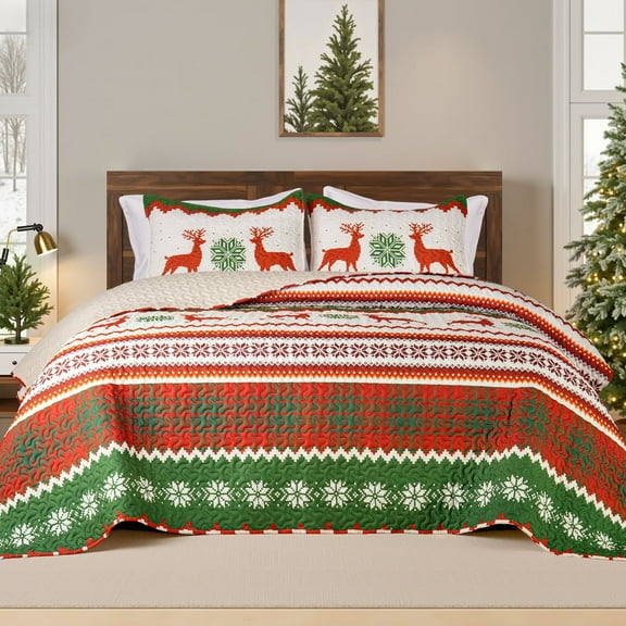 Whale Flotilla Reversible Patchwork Quilts Twin Size, Lightweight Boho Printed Bedspreads Coverlets Quilt Bedding Set with 1 Pillow Shams for All Seasons, Happy Snowflake