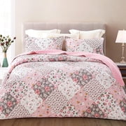 Whale Flotilla Reversible Patchwork Quilt Set Queen Size, Lightweight Boho Printed Bedspreads Coverlets Quilts Bedding Set with 2 Pillow Shams for All Seasons, Pink