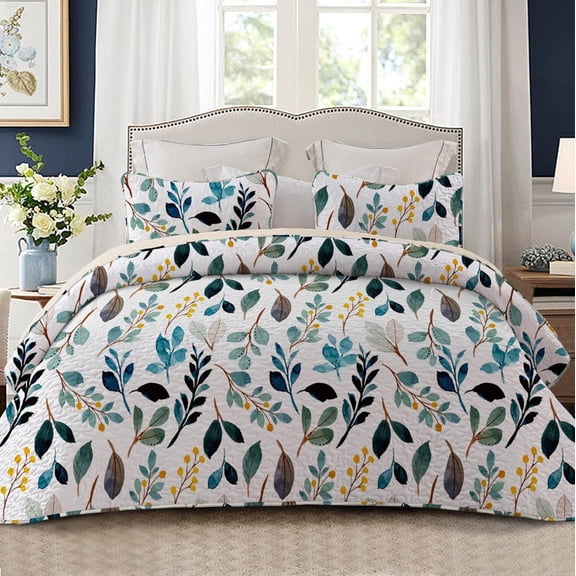 Whale Flotilla Reversible Floral Quilt Set Queen Size, Lightweight Boho Printed Bedspreads Coverlets Quilts Bedding Set with 2 Pillow Shams for All Seasons, White/Navy