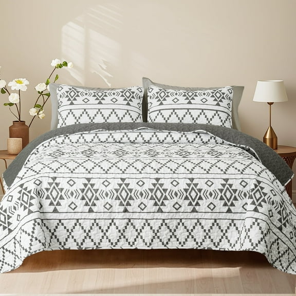 Whale Flotilla Reversible Ultra Soft Printed Quilts Queen Size, Lightweight Patchwork Geometric Stripes Bedspreads Coverlets Queen Quilt Bedding Set with 2 Pillow Shams for All Seasons, White/Grey