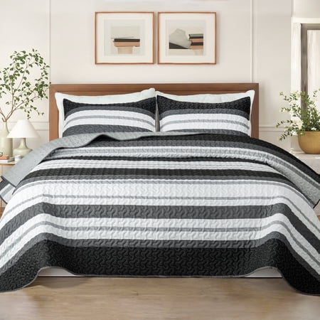 Whale Flotilla Reversible Ultra Soft Printed Quilts Twin Size, Lightweight Patchwork Geometric Stripes Bedspreads Coverlets Twin Quilt Bedding Set with 1 Pillow Shams for All Seasons, Black and White