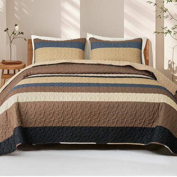 Whale Flotilla Reversible Ultra Soft Printed Quilts Twin Size, Lightweight Patchwork Geometric Stripes Bedspreads Coverlets Twin Quilt Bedding Set with 1 Pillow Sham for All Seasons, Camel