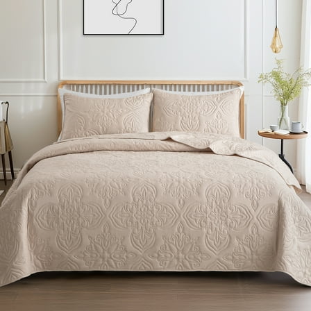 Whale Flotilla Soft King Quilt Bedding Set for All Seasons, Elegant Vintage Damask Ultrasonic Quilts Set, Lightweight Reversible Bedspread, Coverlet, Bed Cover with 2 Pillow Shams, Brich Beige