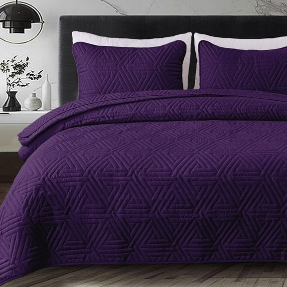 Whale Flotilla 3-Piece Queen Size Quilt Set for All Season, Classic Geometric Pattern Bedding Set with 2 Pillow Shams, Soft and Lightweight, Purple