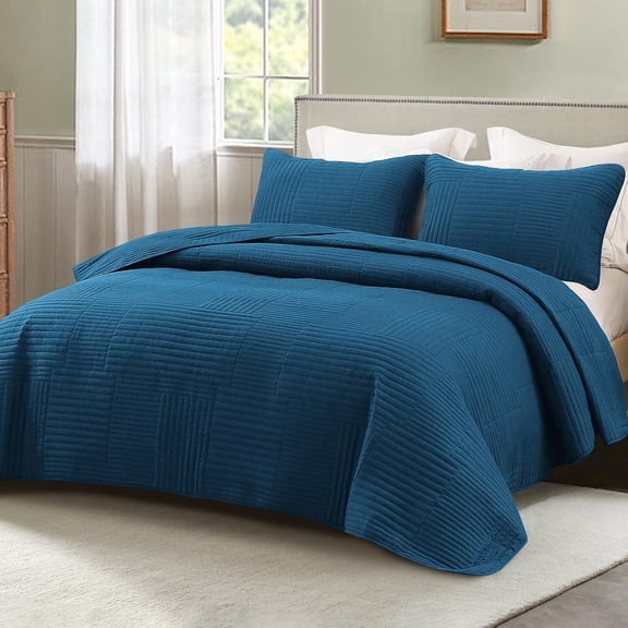 Whale Flotilla Twin Quilt Set, Soft and Lightweight Bedspreads Coverlet with Striped Pattern, Reversible Bedding Sets with Pillow Shams, 68x88 Inches, Blue