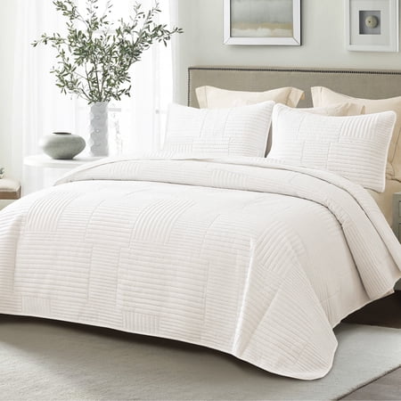 Whale Flotilla Twin Quilt Set, Soft and Lightweight Bedspreads Coverlet with Striped Pattern, Reversible Bedding Sets with Pillow Shams, 68x88 Inches, White