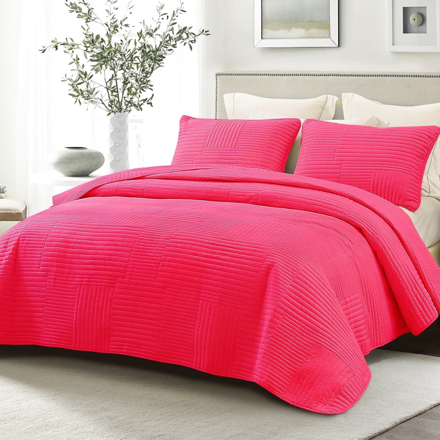 Whale Flotilla Twin Quilt Set, Soft and Lightweight Bedspreads Coverlet with Striped Pattern, Reversible Bedding Sets with Pillow Shams, 68x88 Inches, Hot Pink