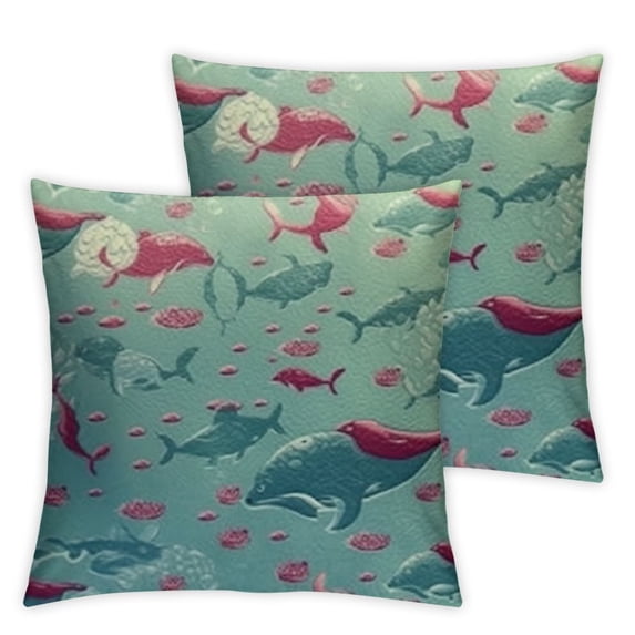 Whale Fluffy Throw Pillow Cushion Cover, Happy Cheerful Whales Pattern in Soft Pastel Tone Effects Love Nature Image, Decorative Square Accent Pillow Case, Mint Peach Pink