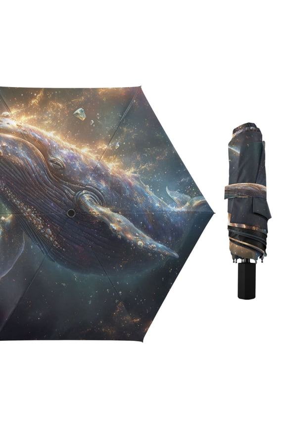 Whale Flying in Space Compact Sun Umbrella Windproof Travel Umbrellas for Rain Strong Portable UV Protection