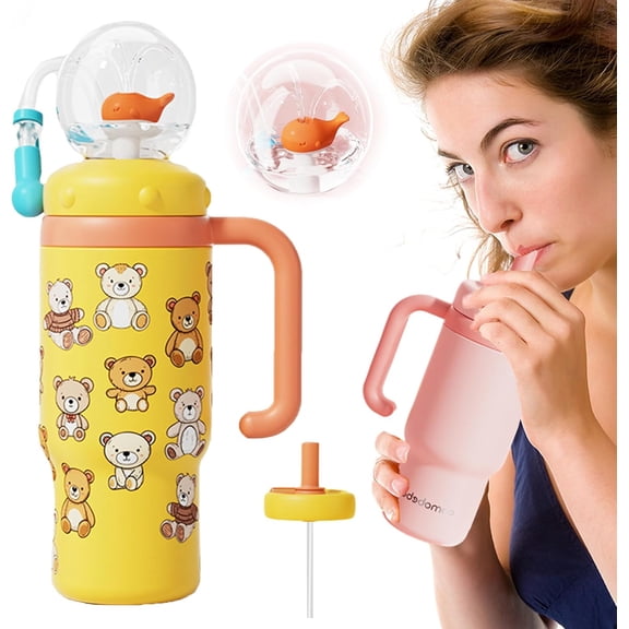 Whale Fountain Tumbler, 24oz Stainless Steel Whale Fountain Tumbler with Handle, Drinking Cup with Whale Squirt, Spill-Proof Whale Water Bottle for Kids Adults, Dishwasher Safe (Yellow Bear)