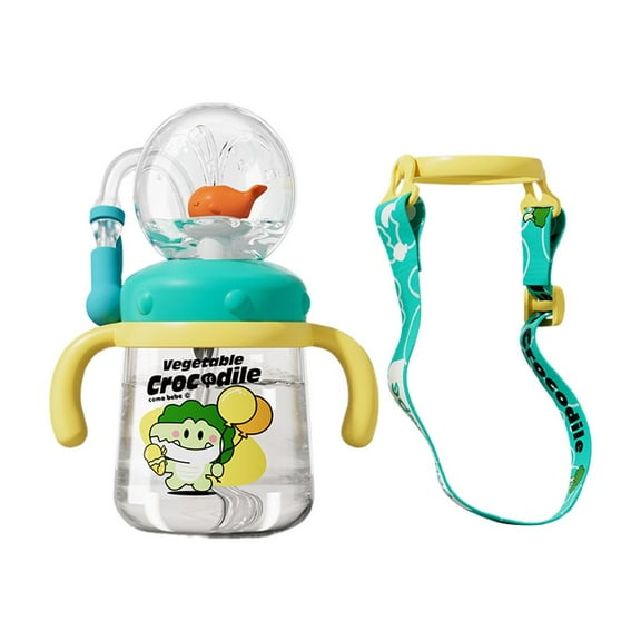 Whale Fountain Tumbler with Handle, 300ml Drinking Cup with Fun Fountain Effect, Spill Proof Cute Water Bottle with Lids and Straws Adjustable Strap, Straw Cups for Home, School, or Travel